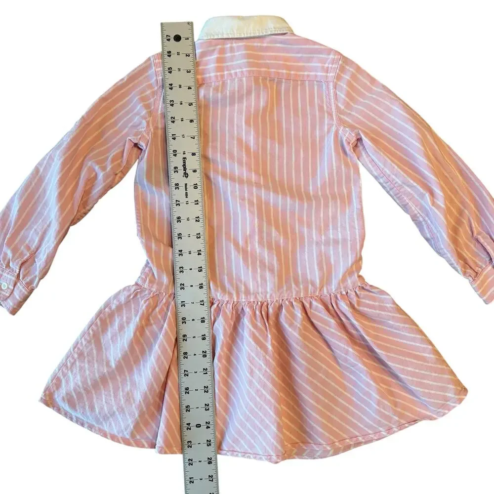 Ralph Lauren Vintage Pink Striped Green Pony Long Sleeve Dress Big Girl Sz 7